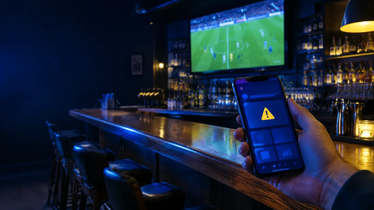 Mão segurando um celular com um aplicativo de apostas esportivas e um aviso amarelo, em um bar com um jogo de futebol na televisão