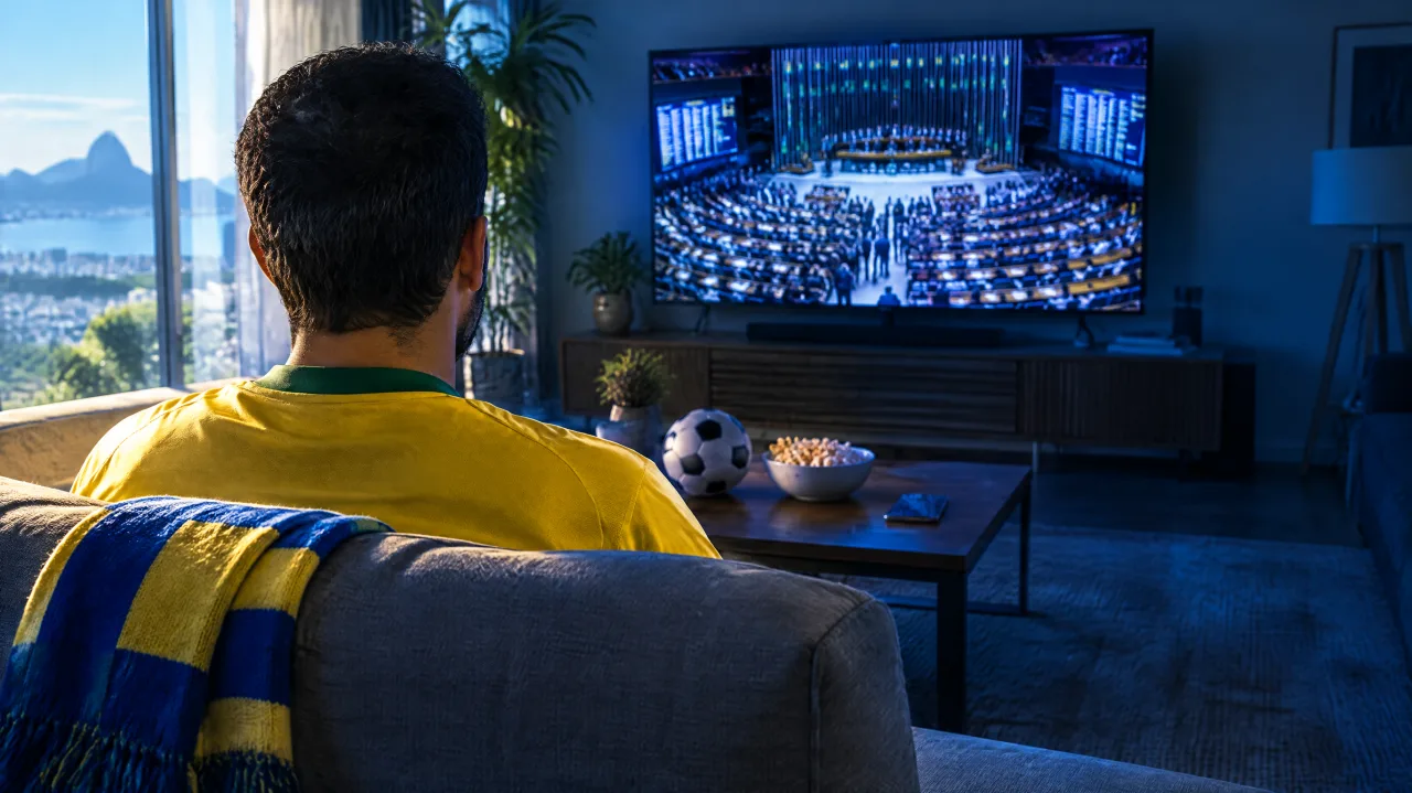 Torcedor de camisa amarela, visto de costas, assistindo na televisão a uma sessão do Congresso, com uma bola de futebol sobre a mesa