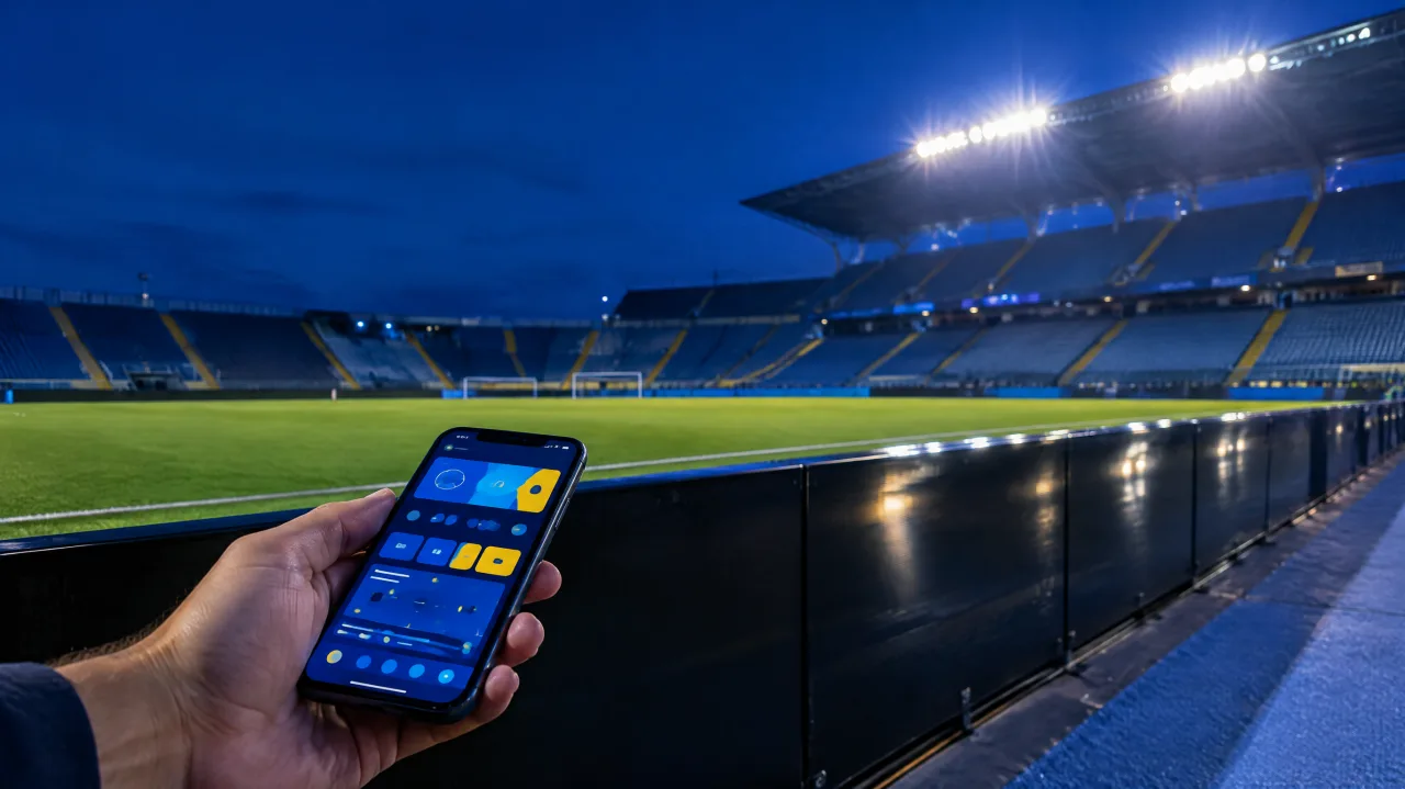 Mão segurando um celular com um aplicativo de apostas esportivas aberto, diante de painéis de publicidade apagados em um estádio de futebol