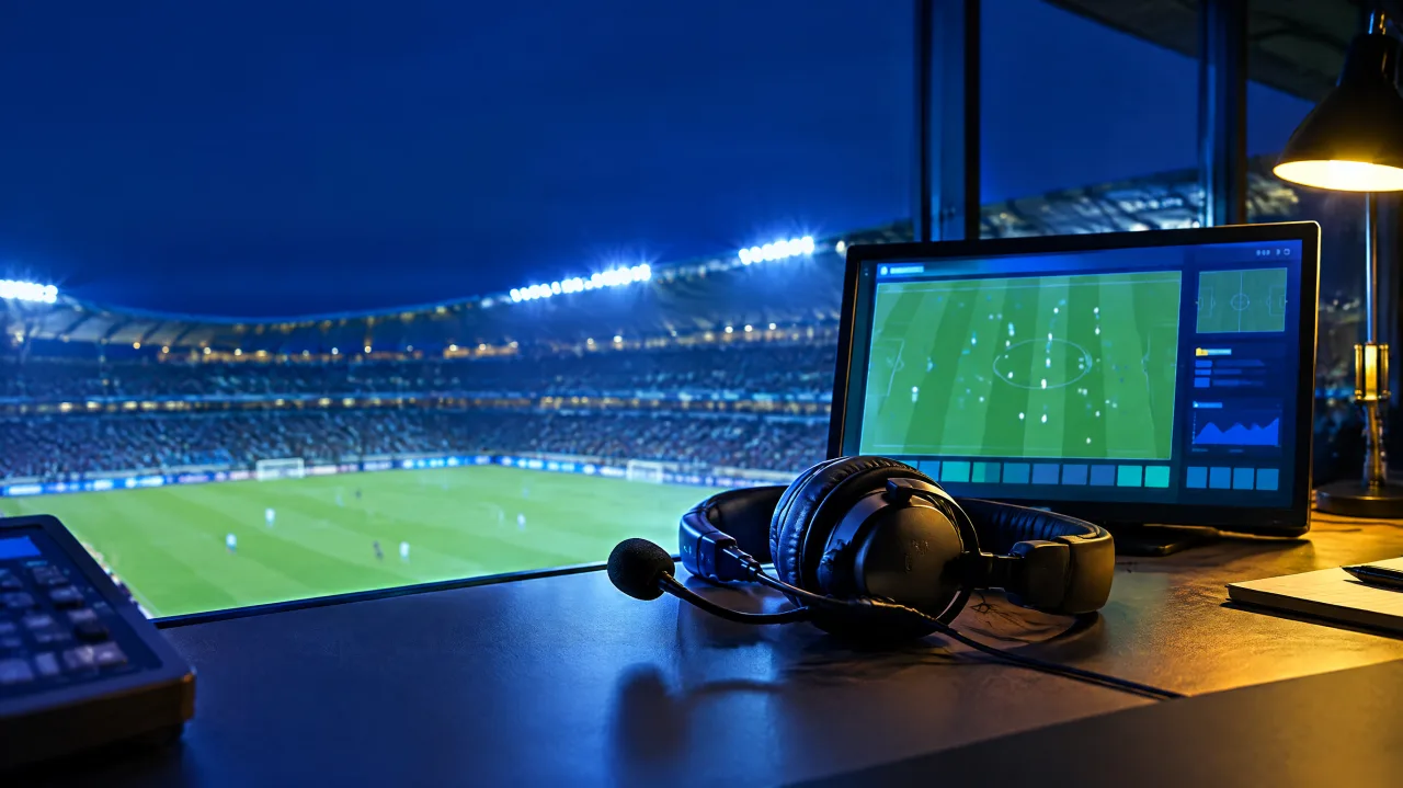 Mesa de uma cabine de imprensa de estádio com um fone de transmissão e um monitor, com o campo iluminado ao fundo à noite