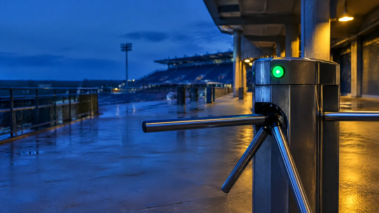 Catraca de entrada de um estádio com uma luz verde acesa, em um corredor vazio ao entardecer