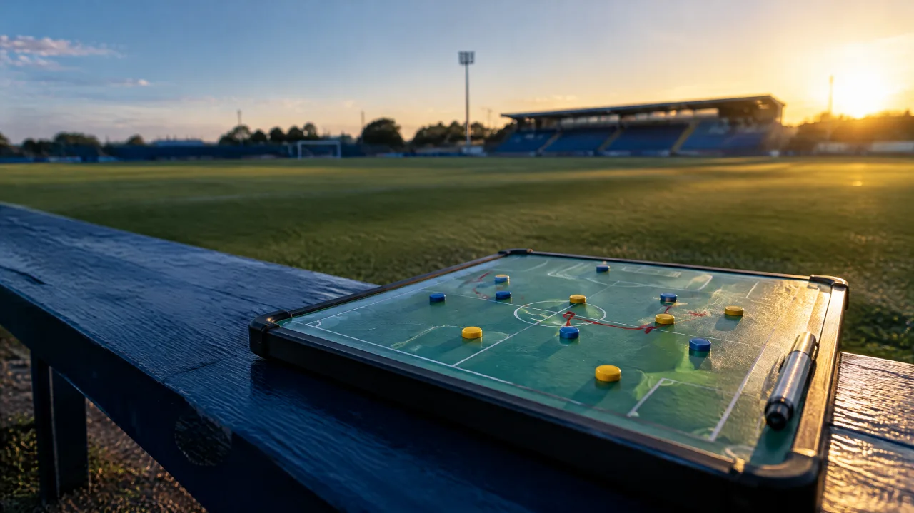 Prancheta tática com ímãs azuis e amarelos em formação sobre um banco ao lado de um campo de futebol