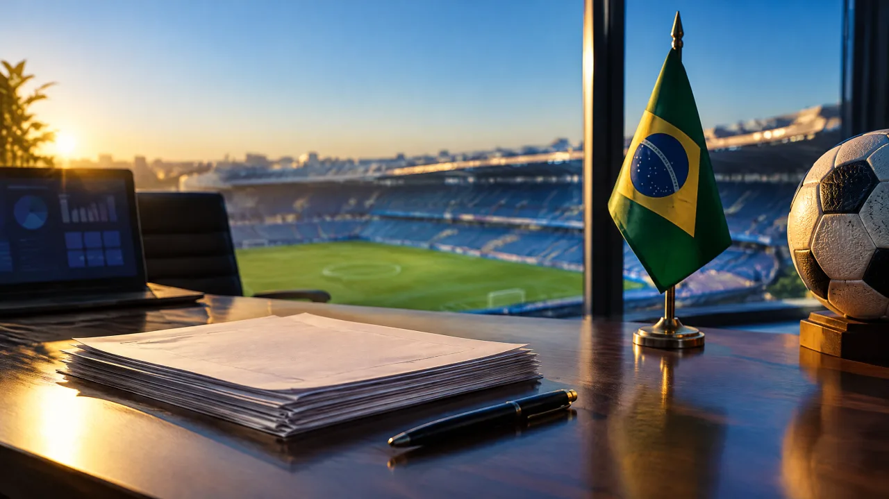 Mesa de escritório com papéis, caneta, uma pequena bandeira do Brasil e uma bola de futebol, com um estádio visto pela janela