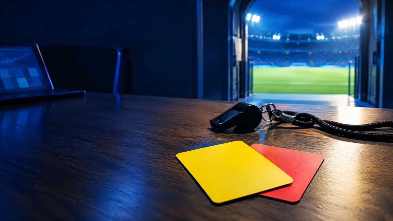 Cartões amarelo e vermelho e um apito sobre uma mesa de madeira, com um campo de futebol iluminado ao fundo